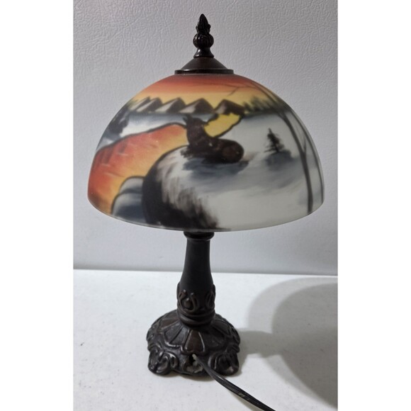 wolf original Other - Reverse Painted Glass Table Lamp Winter Landscape Howling  Wolf 13"